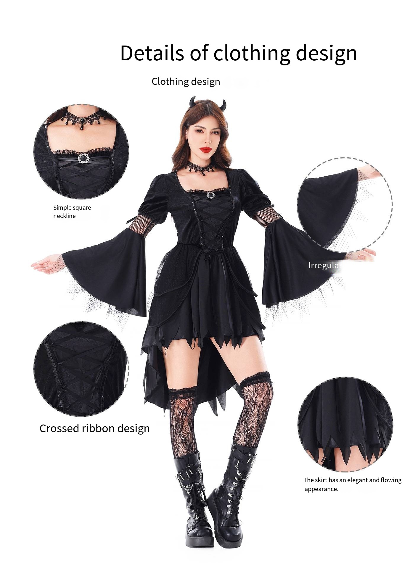 Gothic Witch Halloween Costume Dress Lace Up Puff Sleeves Devil Cosplay Outfit